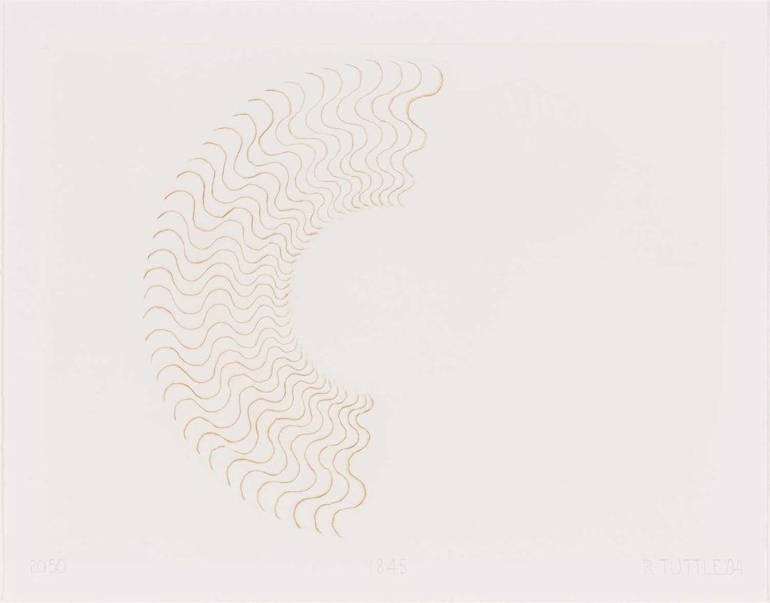 Richard Tuttle (b.1941): 1845 Drypoint printed in ochre, 2004, on wove paper, signed, dated, titled and numbered 20/50 in pencil, with full margins, framed. Plate 16 x 20 7/8 inches; 406 x 530 mm. Sheet 18 3/8 x 23 3/8 inches