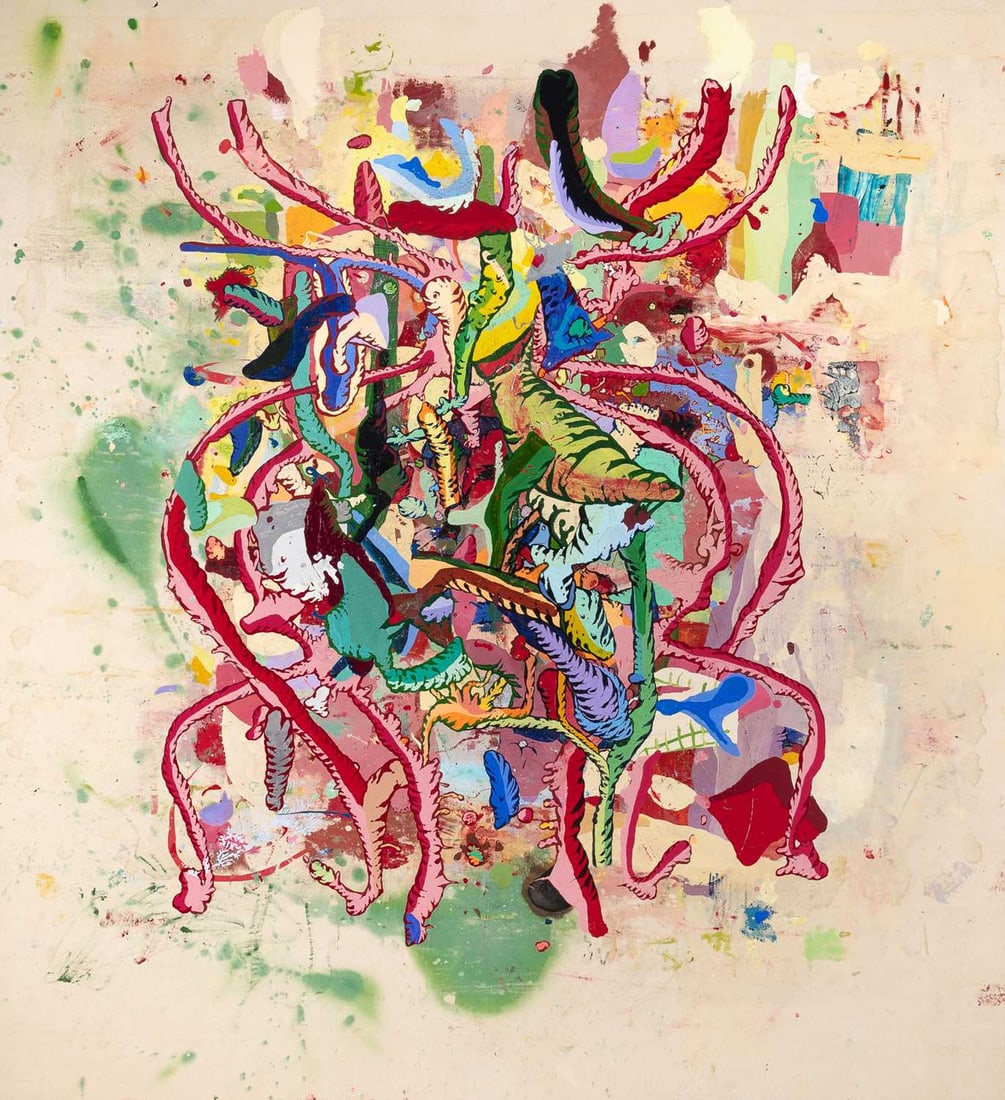 Giles Lyon: American, b. 1967 Burning Buddha's Ass, 1998 Signed Giles Lyon, dated 1998, and inscribed as titled on the reverse Acrylic on canvas 70 x 64 inches (177.8 x 162.6 cm) Unframed Provenance: Feigen Cont