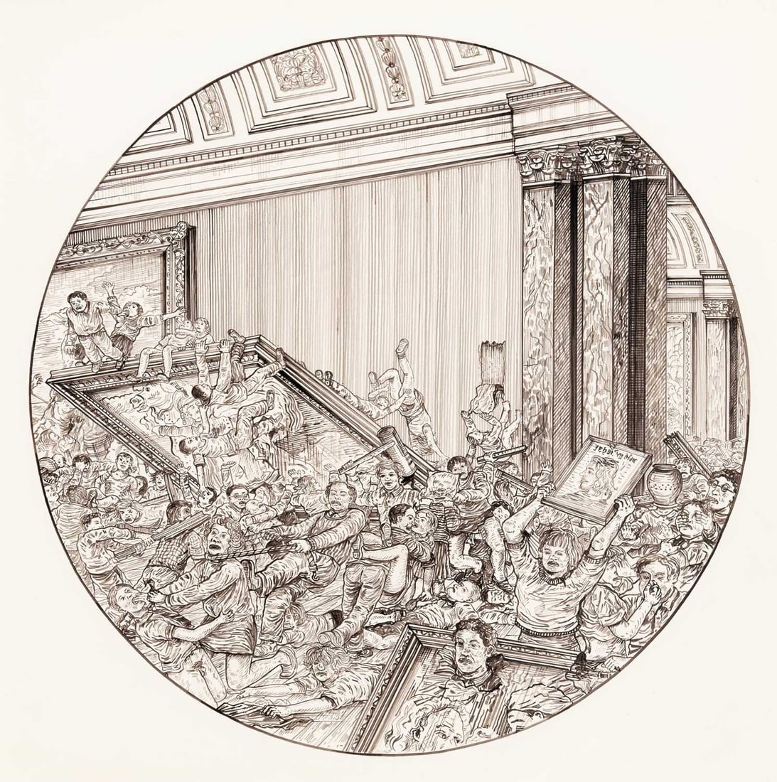 Adam Dant: Estate / Collection: Property from the Collection of Rosa and Aaron Esman British, b. 1967 How We Visit the Museum, 2003 Signed and dated Adam Dant 2003 on the backing Ink on paper 19 3/4 x 19 1/2 inc