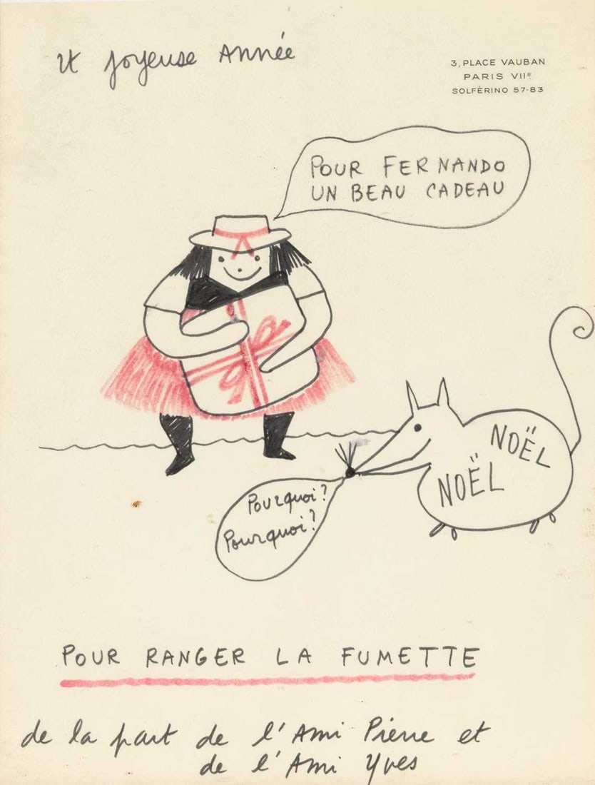 An amusing Christmas card drawing featuring La Vilaine Lulu: Yves Saint Laurent Christmas drawing for Fernando Sanchez, featuring “La Vilaine Lulu” and a Christmas rat. No date (but after 1961), signed "de la part de l'ami Yves et de l'ami Pierre" i