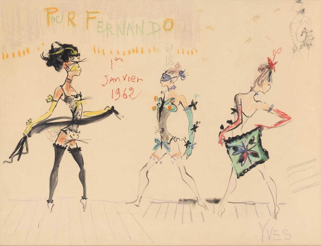 A costume design for Les Ballets Roland Petit, inscribed to Fernando Sanchez: Yves Saint Laurent Costume design for Les Ballet Roland Petit's 1961 performance, La Chaloupée, inscribed to Fernando Sanchez for the New Year. Circa 1961. Signed "Yves" in lower right and inscri