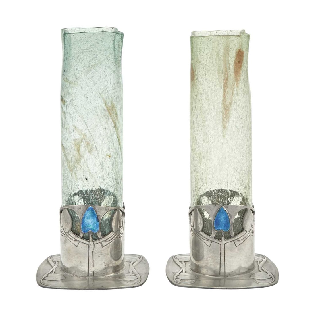 Pair of Archibald Knox for Liberty & Co. Pewter, Enamel and Glass Tudric Pattern Vases (1 of 5)