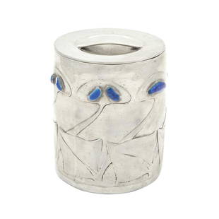 Archibald Knox for Liberty & Co. Pewter and Enamel Tudric Pattern Tea Caddy: Estate / Collection: Property from a Gold Coast Long Island Private Collection Of cylindrical form, with a band of stylized foliage, impressed MADE BY LIBERTY &amp; CO ENGLISH PEWTER MADE IN ENGLAND,