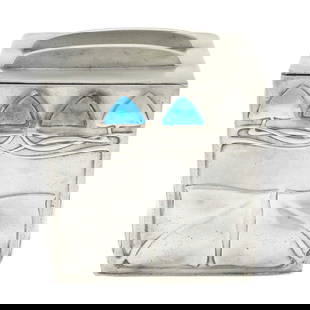 Archibald Knox for Liberty & Co. Pewter and Enamel Tudric Pattern Biscuit Box: Estate / Collection: Property from a Gold Coast Long Island Private Collection The square body decorated with bands of Celtic-inspired stylized foliage, impresssed ENGLISH PEWTER MADE BY LIBERTY &