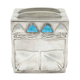 Archibald Knox for Liberty & Co. Pewter and Enamel Tudric Pattern Biscuit Box: Estate / Collection: Property from a Gold Coast Long Island Private Collection The square body decorated with bands of Celtic-inspired stylized foliage, impresssed ENGLISH PEWTER MADE BY LIBERTY &