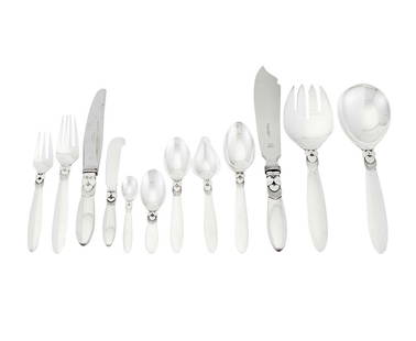 Georg Jensen Sterling Silver "Cactus" Pattern Flatware Service: Estate / Collection: Property from a Gold Coast Long Island Private Collection Comprising Five dinner forks Twenty salad forks Twelve dinner knives Eight butter knives Twelve dessert spoons Twelve fru