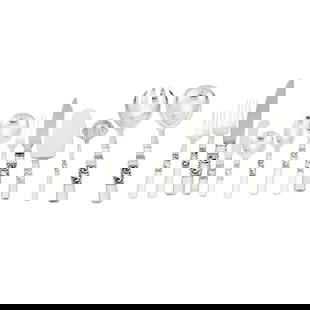 Georg Jensen Sterling Silver "Scroll" Pattern Flatware Service Post 1945: Comprising: twelve dinner forks twelve salad forks twelve dinner knives twelve butter knives twelve round soup spoons fourteen teaspoons two dessert spoons pair of salad servers two chees