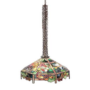 Tiffany Studios Bronze and Leaded Glass Nasturtium Trellis Chandelier Circa 1910: Of octagonal form, colorfully and artistically decorated with stylized blossoms and naturalistic leaves meandering under and over a garden trellis, in a variety of sumptuous colors, including mottled