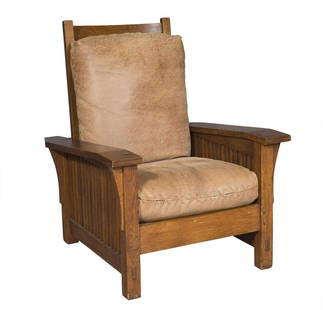 Gustav Stickley Oak Armchair: Estate / Collection: Property from a Gold Coast Long Island Private Collection With slat sides and loose cushions. Height of back 41 inches (adjustable), height of seat 18 inches, width 32 3/4