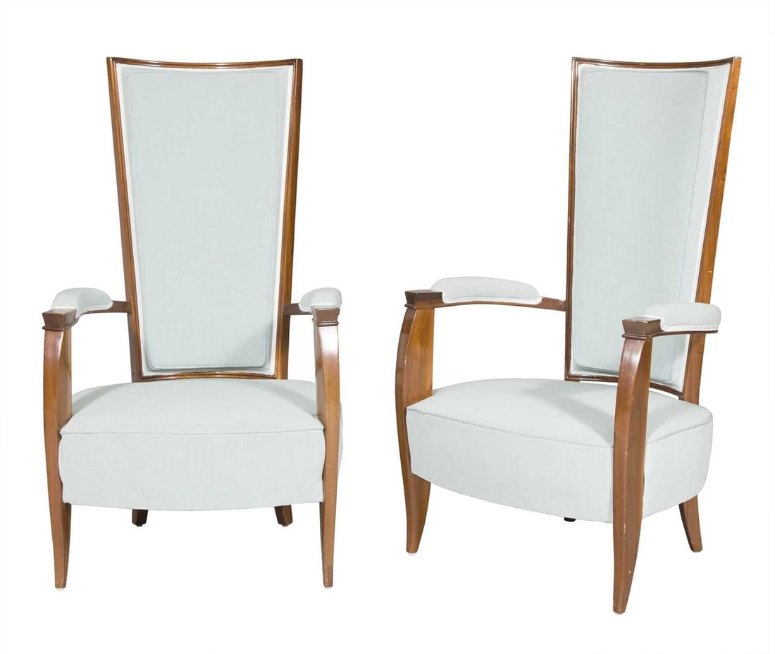 Pair of Art Deco Style Upholstered Mahogany High-Back Armchairs 20th Century (1 of 6)