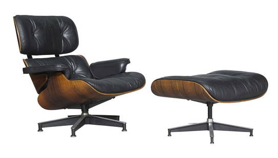 Charles & Ray Eames Rosewood #670 Lounge Chair and #671 Ottoman For Herman Miller, 1980s: Height of back 31 1/2 inches, height of seat 17 inches, width 33 inches, depth 35 inches; height of ottoman 17 1/2 inches, width 25 inches, depth 21 inches.