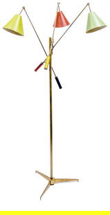 Angelo Lelii Brass and Enameled Metal "Triennale" Adjustable Floor Lamp For Arredoluce, 1950s/1960s: Stamped on the cap of each arm Arredoluce Manza, Made in Italy and with monogram. Height of stem 61 1/2 inches.