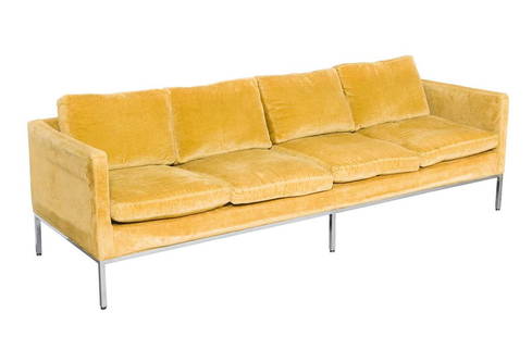 Milo Baughman for Thayer Coggin Upholstered Sofa 1960s/1970s: Height of back 25 inches, height of seat 17 1/2 inches, length 7 feet 8 inches, depth 30 1/4 inches.