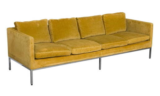 Milo Baughman for Thayer Coggin Upholstered Sofa 1960s/1970s: Height of back 25 inches, height of seat 17 1/2 inches, length 7 feet 8 inches, depth 30 1/4 inches.