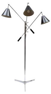 Angelo Lelii Chromed and Enameled Metal "Triennale" Adjustable Floor Lamp For Arredoluce, 1960s: Stamped underside Arredoluce Monza, Made in Italy. Height of stem 61 1/2 inches.