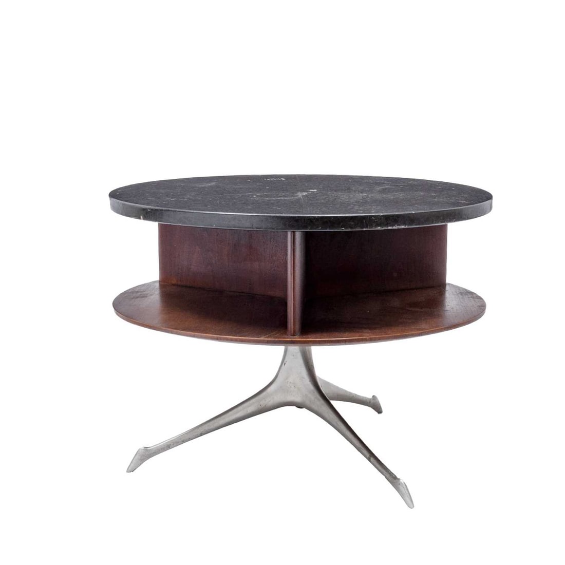 Attributed to Vladimir Kagan Marble, Stained Wood and Metal Swivel Tri-Symmetric Side Table Circa (1 of 6)