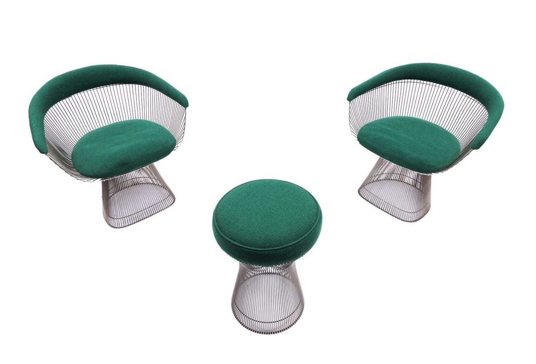 Pair of Warren Platner Chromed Steel and Upholstered Armchairs and Stool (1 of 4)