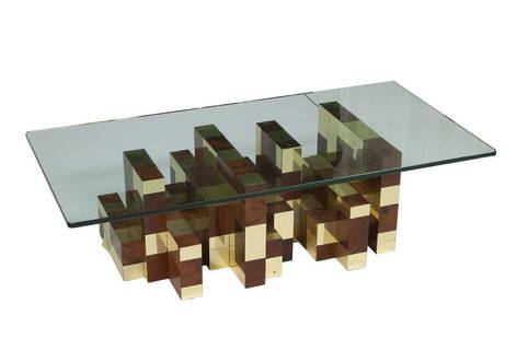 Paul Evans Brass, Burlwood and Glass "Cityscape" Coffee Table 1970s/1980s: Engraved signature to base. Height 15 3/4 inches, length 59 1/2 inches, depth 30 inches.