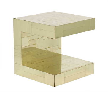 Paul Evans Cantilevered Brass "Cityscape" Cube End Table 1970s/1980s: Engraved with signature. Height 20 inches, width 20 inches, depth 20 inches.