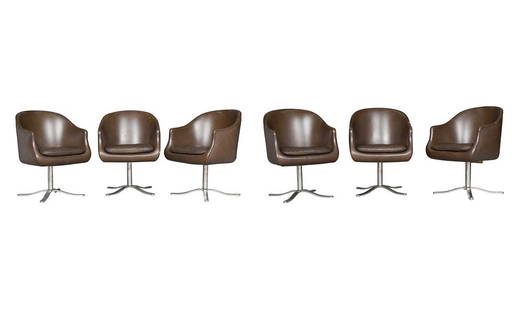 Set of Six Nicos Zographos Chromed Metal and Upholstered Dining Chairs 1970s: Height of back 34 inches, height of seat 19 1/4 inches, width 24 inches, depth 23 inches.