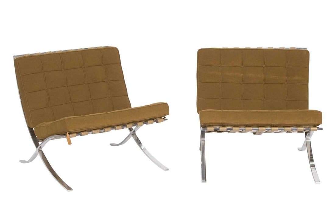 Pair Upholstered and Chromed Metal "Barcelona" Style Chairs After Mies van der Rohe, recent (1 of 7)