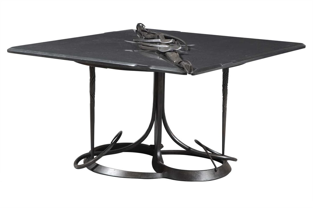 Albert Paley Forged Steel and Slate Dining Table: Estate / Collection: Property from The Estate of Donald D. MacDermid Sold to Benefit The American School In Switzerland (TASIS) The square top with diagonal divide, raised on a pedestal base with two