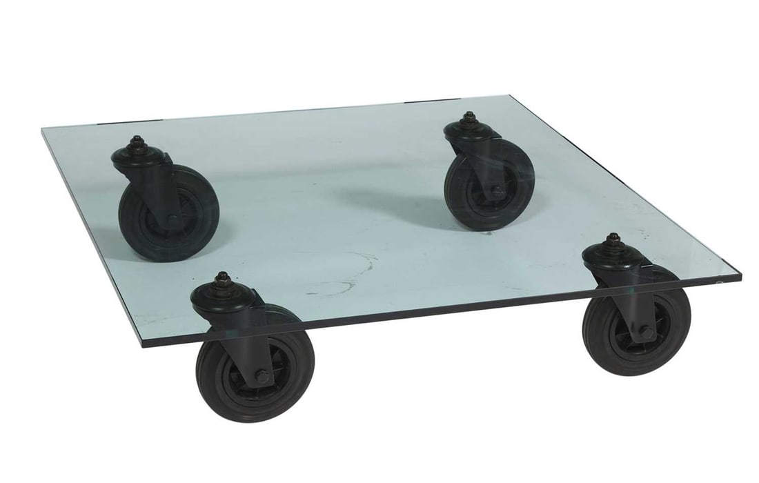 Gae Aulenti for Fontana Arte Glass, Metal and Rubber "Tavolo Con Ruote" Coffee Table (1 of 3)