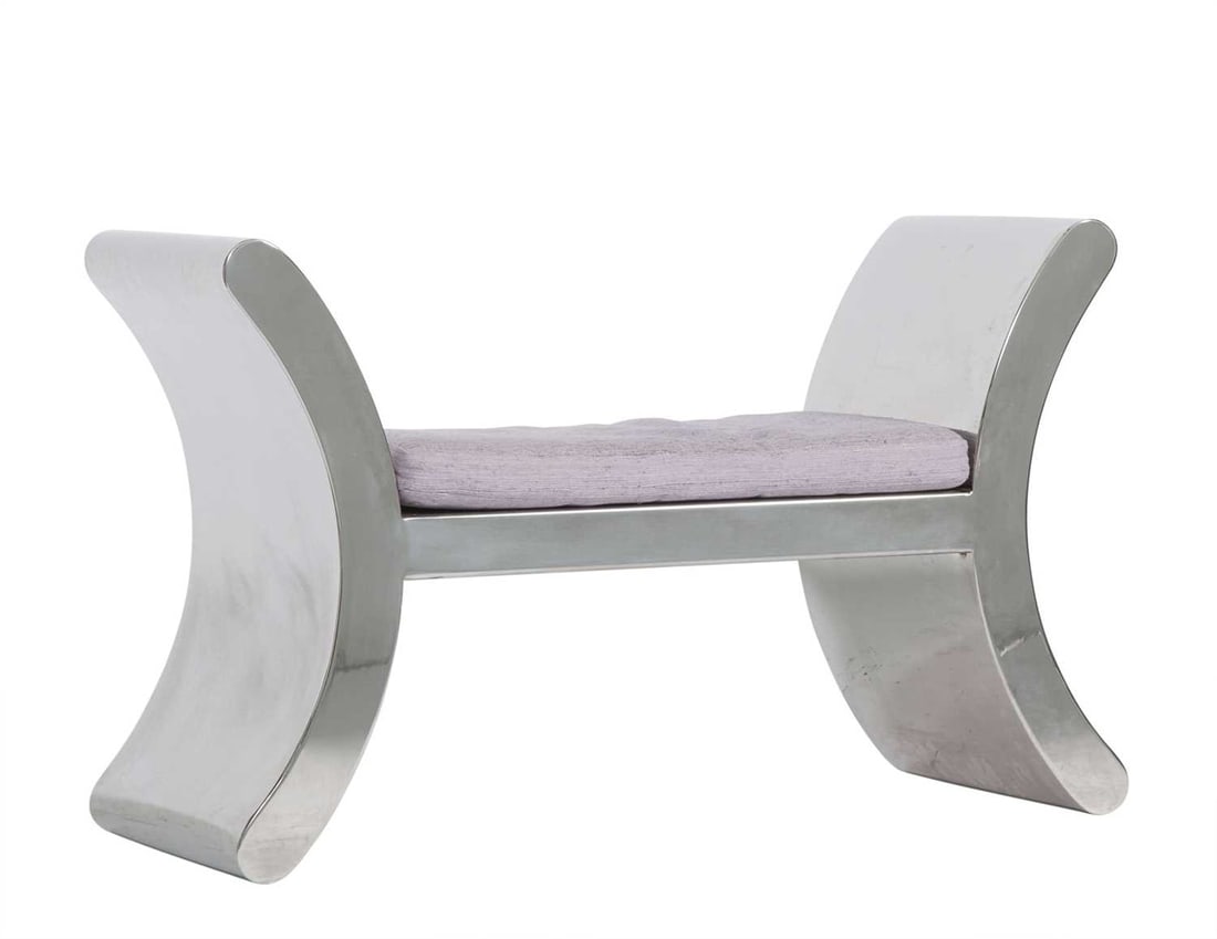Ron Seff Polished Steel and Upholstered "Ramses" Bench 1990s: With in-curved ends. Height 25 inches, width 39 1/2 inches, depth 16 inches.