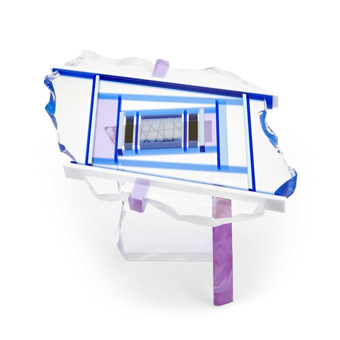 David Huchthausen Laminated and Fractured Glass Sculpture From the Winter Strike Scherbe series, 198: In colorless, cobalt blue, opaque white and transparent lilac colored glass, glossy finish, etched signature on the underside DRH89X. Height 12 1/4 inches, width 15 3/4 inches.