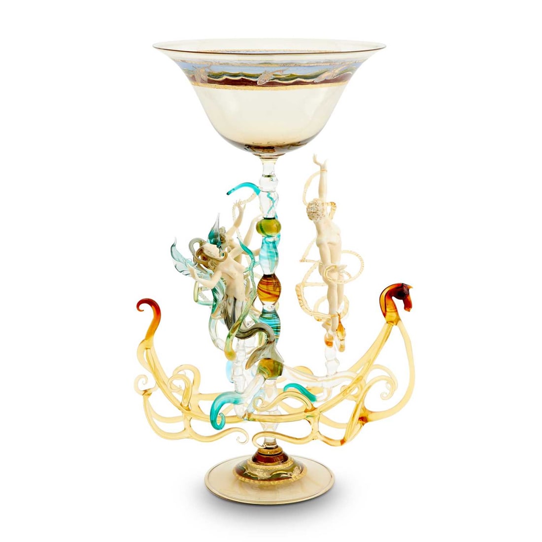 Lucio Bubacco Lampworked and Blown Glass Nautical-Themed Figural Centerpiece Circa 2000-10: Of chalice form, with a flaring circular bowl raised on a multiknopped stem and domed circular foot, centering an openwork boat with a horsehead masthead, with a muscular bearded nude man in the foreg