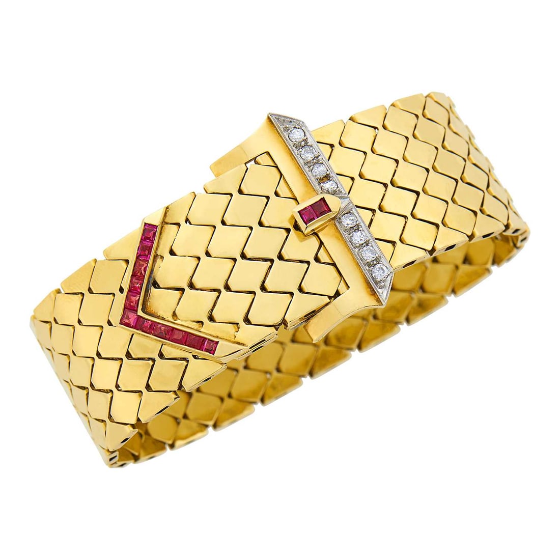 Gold, Platinum, Ruby and Diamond Buckle Slide Bracelet: Estate / Collection: Property of a Holmby Hills Beverly Hills Lady Rectangular-cut rubies, 8 round and transitional-cut diamonds ap. .40 ct., c. 1940, ap. 45 dwts. Length 8 1/2 inches, adjustable.