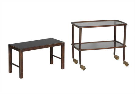 Bette Midler: Walnut Stained Wood and Glass Coffee Table and a Dark Stained Wood and Glass Bar Cart: Estate / Collection: Property of Bette Midler Height of coffee table 15 1/4 inches, length 27 1/4 inches, depth 13 inches; height of bar cart 25 inches, length 30 1/4 inches, depth 16 1/4 inches.