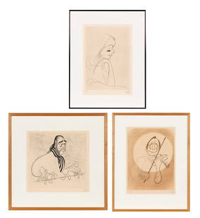 Jack Benny, Greta Garbo, and Duke Ellington by Hirschfeld: HIRSCHFELD, AL Three signed prints. Comprising: Jack Benny. Etching and aquatint, 1975, signed by Hirschfeld and numbered 118/150 in pencil, image 15 1/2 x 11 3/4 inches (39 x 30 cm), frame 24 3/4 x 1