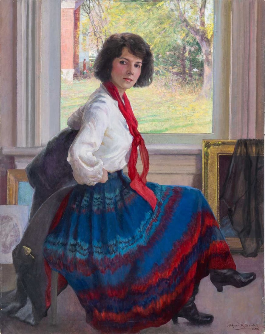 Allan R. Banks: American b.1948 Woman Seated, 1986 Signed © Allan R. Banks and dated 1986 (lr) Oil on canvas 37 7/8 x 30 Inches (96.2 x 76.2 cm) Unframed. Provenance: Grand Central Art Gallery, New York