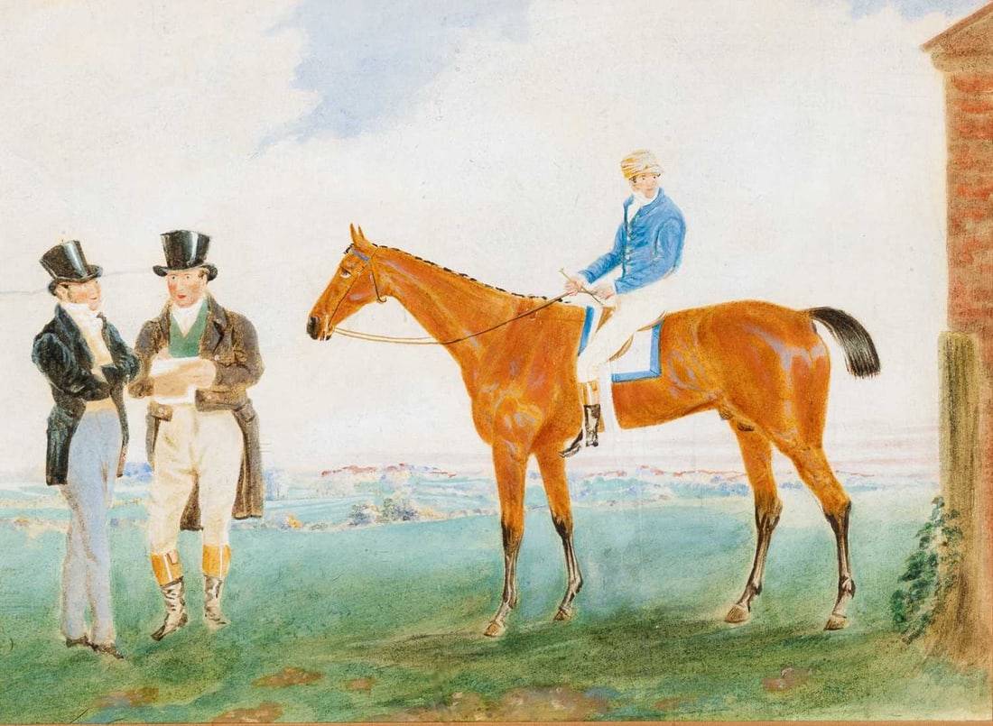British School: 19th Century Sam Day on Longwaist, with Mr. Dilly and Fulwar Craven, Esq. Watercolor and tempera on paper Sight 7 1/4 x 9 3/4 inches (18.4 x 24.8 cm) Frame dimensions: 15 x 17 1/2 x 3/4 inches