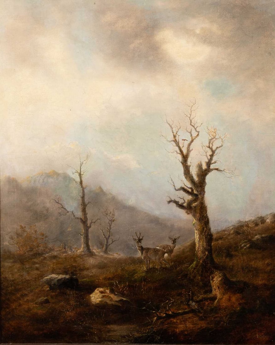 Continental School: 19th Century Deer in a Landscape Signed indistinctly (lr) Oil on canvas 33 1/2 x 27 1/4 inches (85.1 x 69.2 cm) Frame dimensions: 42 1/4 x 36 1/2 x 2 1/2 inches