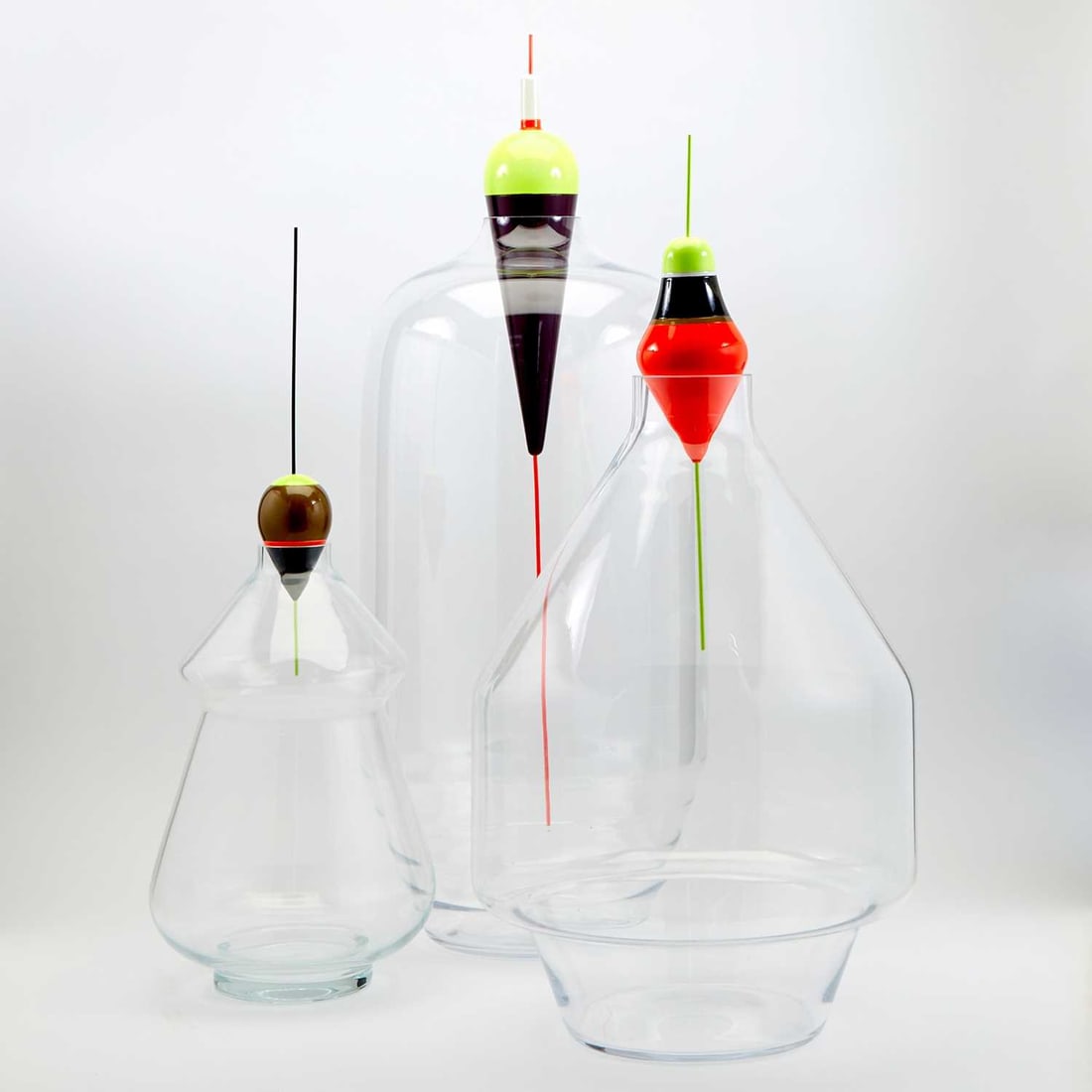 Margaux Keller: French, b. 1987 Les Pescadous: Three Glass and fishing floats Height of largest 34 1/2 inches (87.6 cm); height of smallest 57.2 cm)