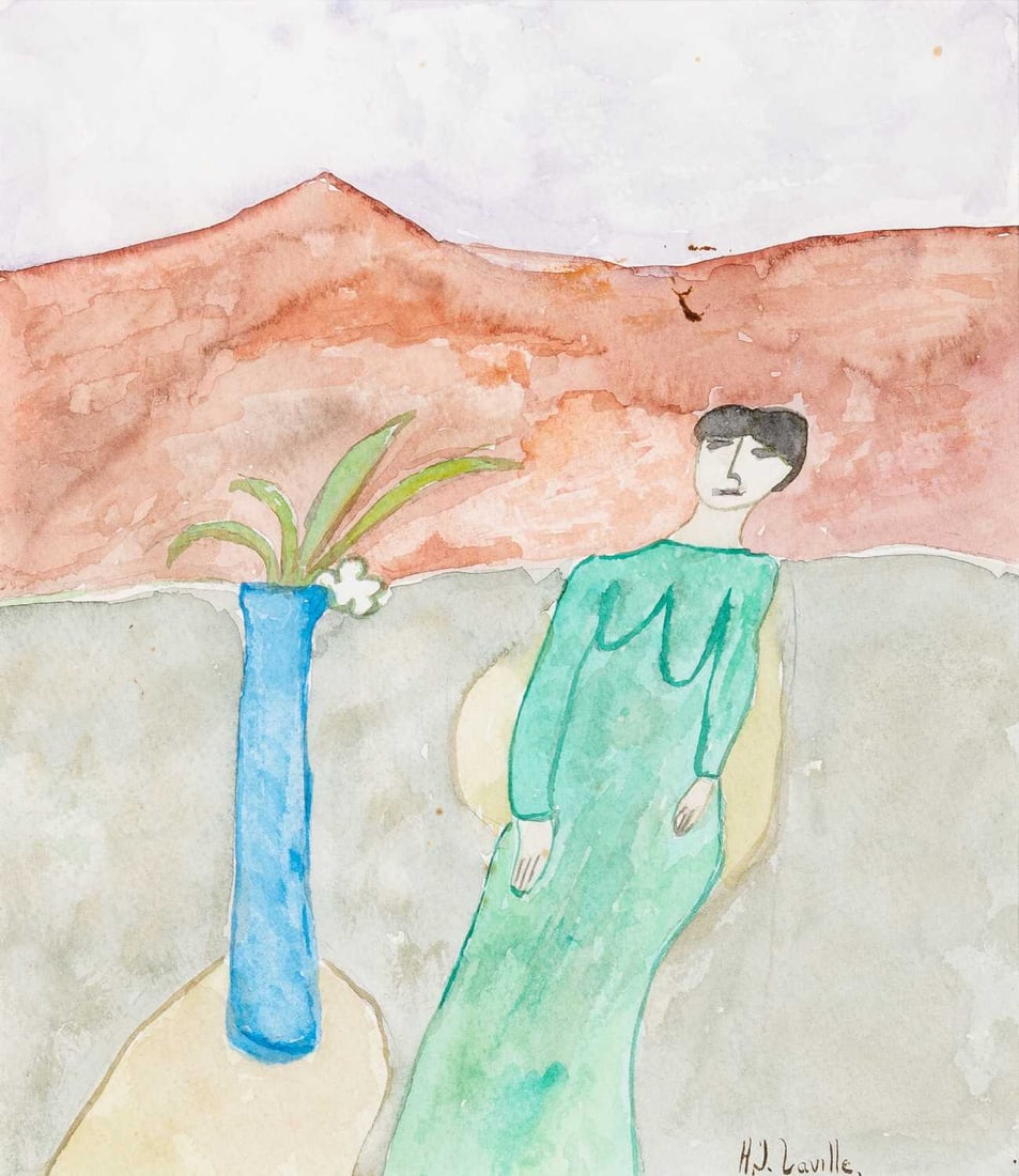 Joy Laville: English/Mexican, 1923-2018 Woman in Green and a Vase in Blue Signed H. J. Laville. (lr); inscribed in Portuguese on the verso Watercolor on paper 10 x 8 7/8 inches (25.4 x 22.5 cm)