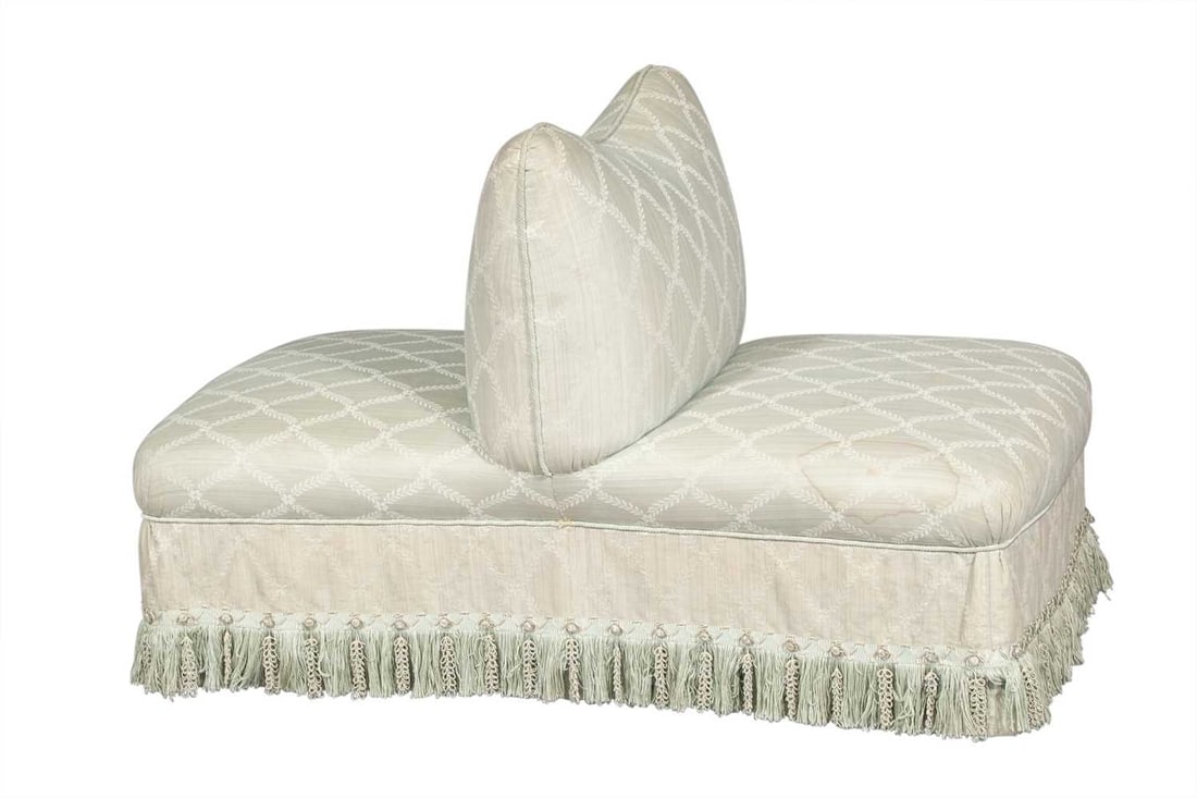 Upholstered Tête-à-Tête Bench: Estate / Collection: Estate of Renee Meyers from a Manhattan Apartment Decorated by Albert Hadley With a fringe skirt. Height 31 inches, width 47 inches, depth 19 1/2 inches. Length 46 1/2 inches.