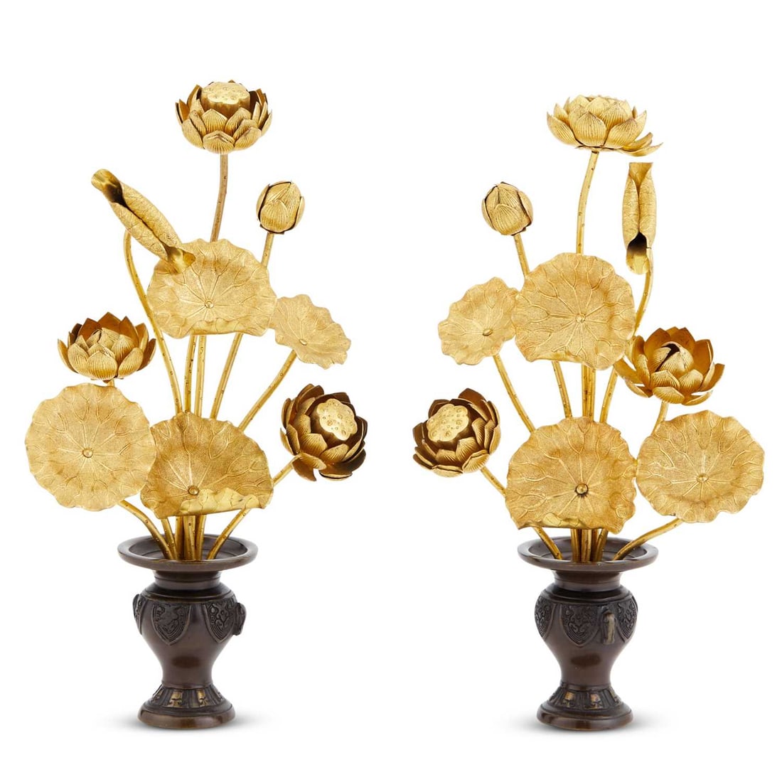 Pair of Japanese Gilt and Patinated Bronze Lotus Groups: Estate / Collection: Estate of Renee Meyers from a Manhattan Apartment Decorated by Albert Hadley Height overall 12 inches.