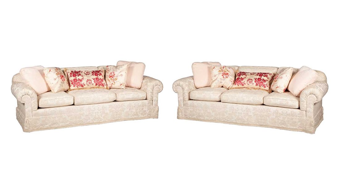 Pair of Upholstered Loose-Cushion Sofas: Estate / Collection: Estate of Renee Meyers from a Manhattan Apartment Decorated by Albert Hadley Each with five matching pillows. Height 29 inches, length 7 feet 1 inch, depth 36 inches.