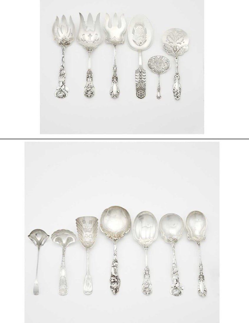 Group of Sterling Silver Flatware and Serving Utensils: Estate / Collection: Estate of Renee Meyers from a Manhattan Apartment Decorated by Albert Hadley Comprising Tiffany & Co. Wave Edge gravy ladle Tiffany & Co. Palm sauce ladle Reed & Barto