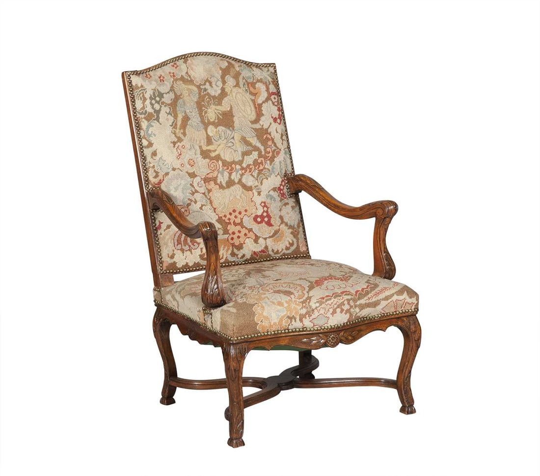 Louis XIV/XVI Regence Style Needlepoint Upholstered Beechwood Fauteuil: Estate / Collection: Collection of Peter van Hattum and Harold Simmons Height 42 1/4 inches, width 27 1/2 inches, depth of seat 22 inches, height of seat 16 inches.