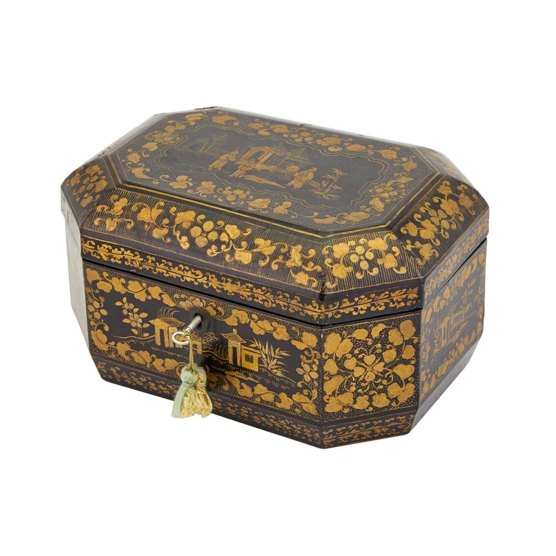 Chinese Gilt Decorated Black Lacquer Box: Estate / Collection: Collection of Peter van Hattum and Harold Simmons Height 5 1/2 inches, width 9 1/4 inches, depth 6 1/4 inches.