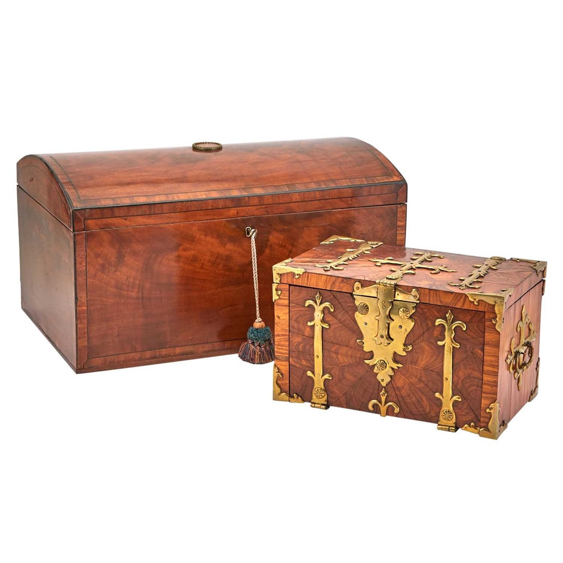 Brass Mounted Wood Covered Box: Estate / Collection: Collection of Peter van Hattum and Harold Simmons Front of brass-mounted box opens to reveal a secret drawer. Height 7 1/2 inches, width 12 1/4 inches, depth 7 3/4 inches; larger 