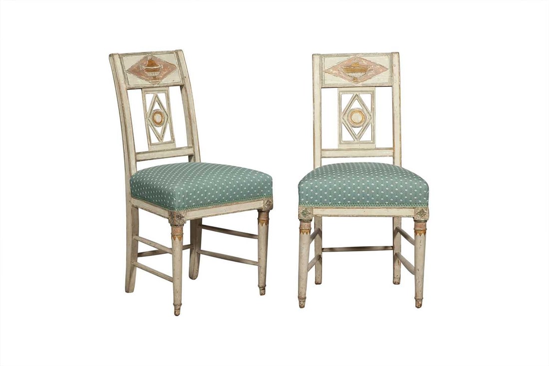 Pair of Continental Neoclassical Painted Side Chairs: Estate / Collection: Collection of Peter van Hattum and Harold Simmons Height 33 1/4 inches, width 17 1/4 inches, depth of seat 14 inches, height of seat 17 inches.