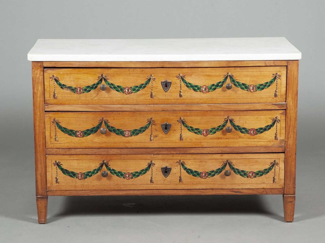 Continental Paint Decorated Fruitwood Commode: Estate / Collection: Collection of Peter van Hattum and Harold Simmons Height 31 1/2 inches, width 48 1/4 inches, depth 21 1/2 inches.