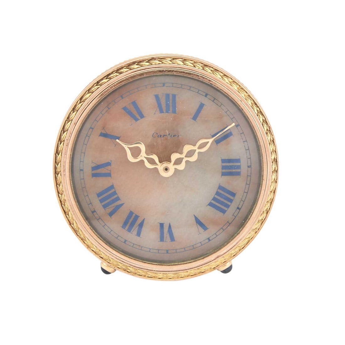 Two-Color Gold, Brass and Agate Desk Clock: Estate / Collection: The Estate of David Killen Height Diamter 2 1/2 inches.