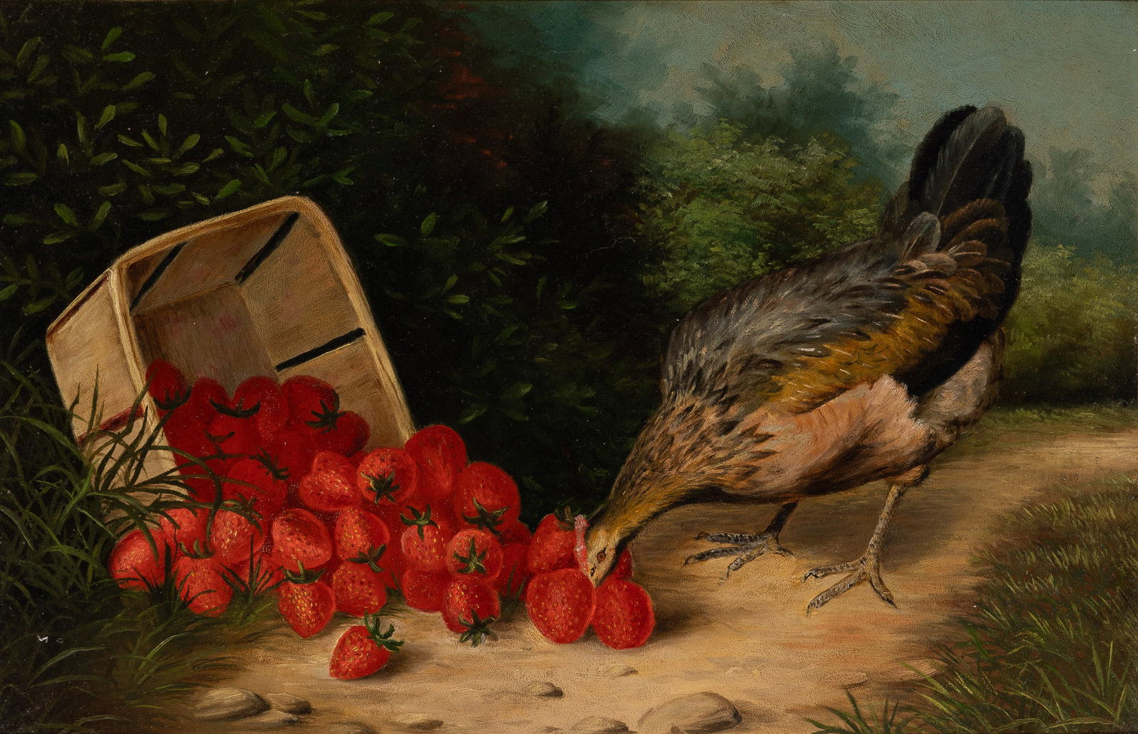 American School: 19th Century One Man's Misfortune is another Chicken's Good Luck Oil on board 12 1/4 x 18 1/2 inches (31.1 x 47 cm) (Frame dimensions: 15 x 21 1/4 inches)