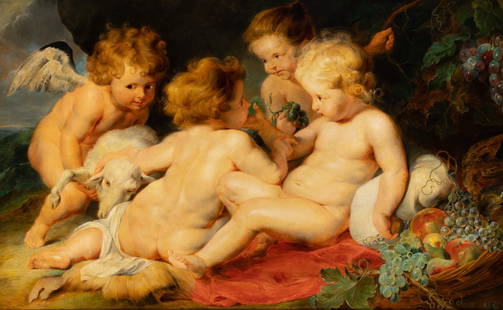 After Peter Paul Rubens and Frans Snyders: Christ and John the Baptist as Children and Two AngelsIncised HANS THIELE on the stretcherOil on canvas30 x 48 inches (76.2 x 121.9 cm) (Frame dimensions: 36 1/2 x 55